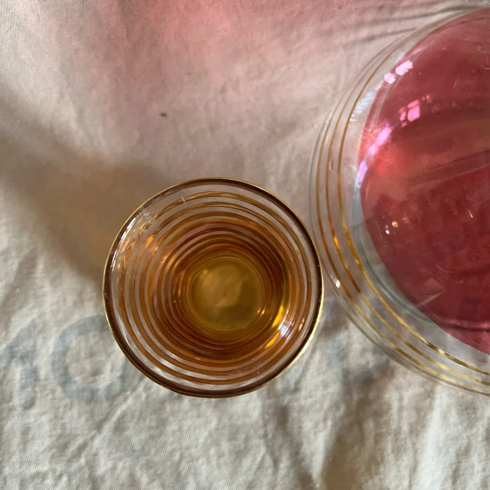 MCM decanter and small glass or bud vase. Beautiful gold and pink.  Compliment - Picture 5 of 10